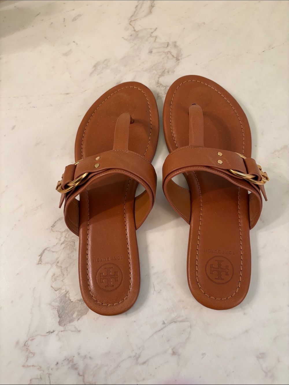 Tory Burch Tan Leather Thong Sandals with Gold Hardware
